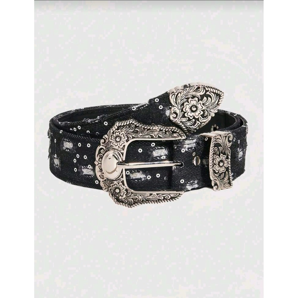 Womens Western Black Distressed Denim Belt Silver Engraved Floral Buckle Studded